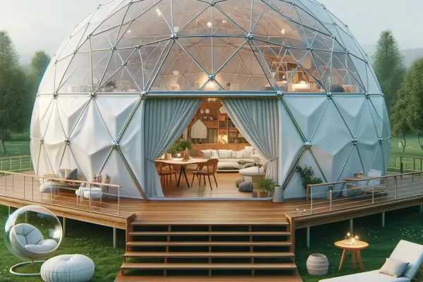 DALL·E 2023-12-12 12.37.02 - Create a highly detailed and realistic image of a geodesic dome home. The dome is situated on a well-constructed wooden deck, surrounded by a railing,